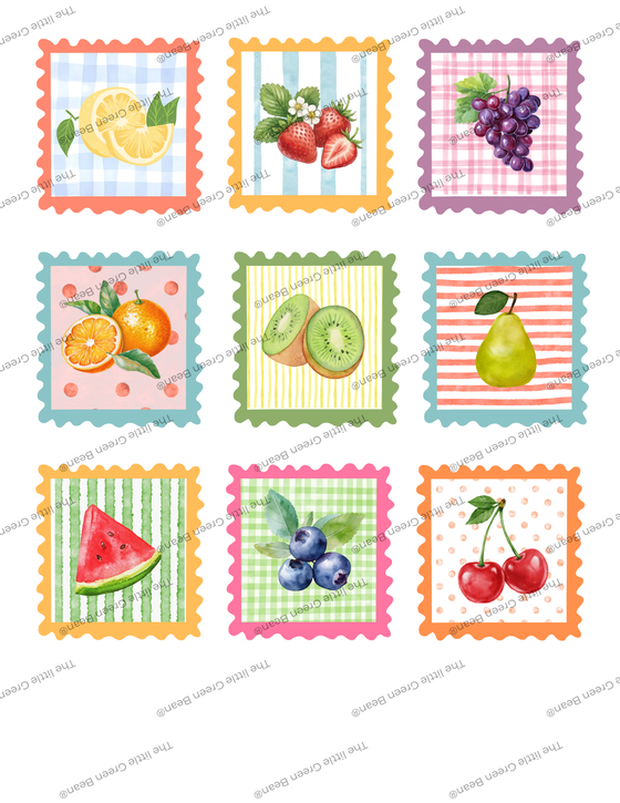 Fresh Picked Postage Stamp Collection 9 stamp designs | Digital Design Files | PNG