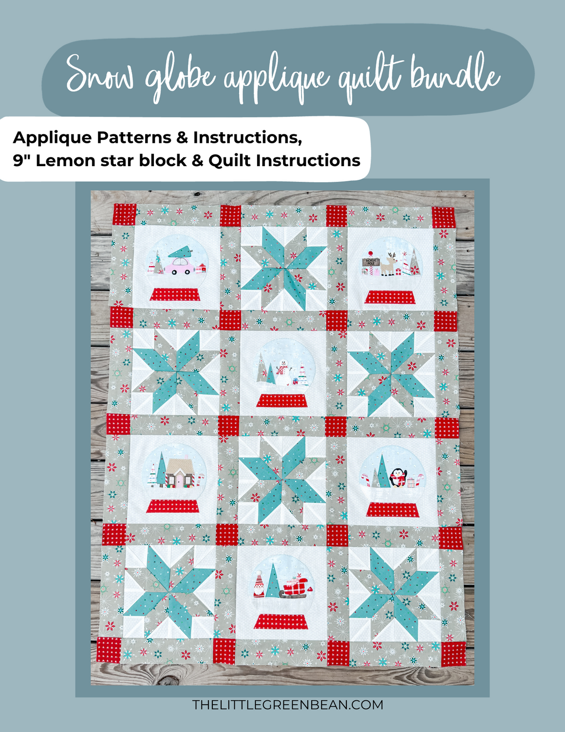 Snow globe applique Quilt Bundle | Quilt Pattern, All 6 Templates & Instructions, Lemon Star 9" Block