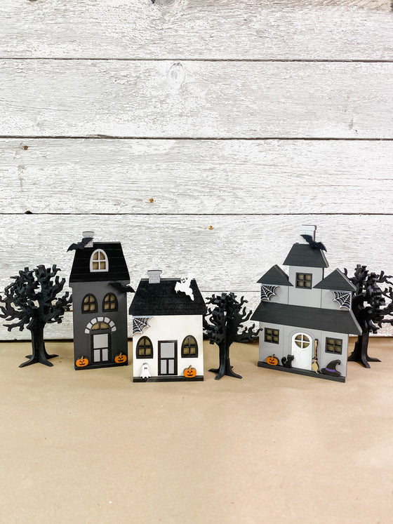Halloween DIY Kits|3 House Set w 3 Trees - Unfinished