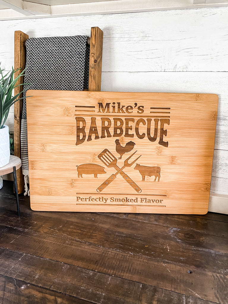 Engraved Cutting Board w Handle | "Mikes BBQ" personalized with name